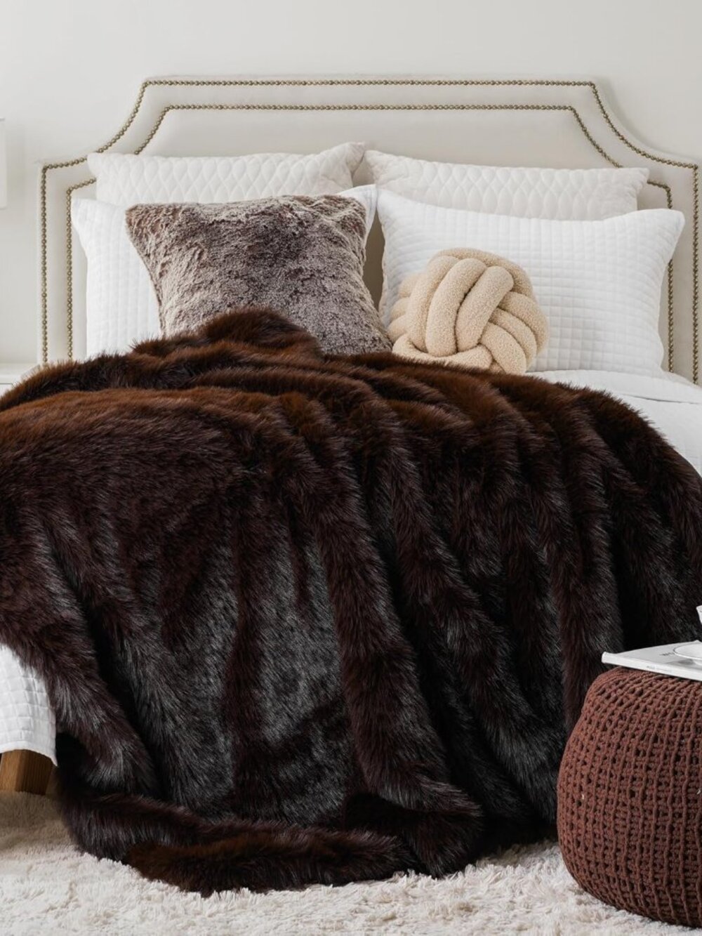 Luxury Fluffy Brown Faux Fur Throw Blanket, Cozy Warm Fur Blanket for Couch, Sof - Picture 10 of 10